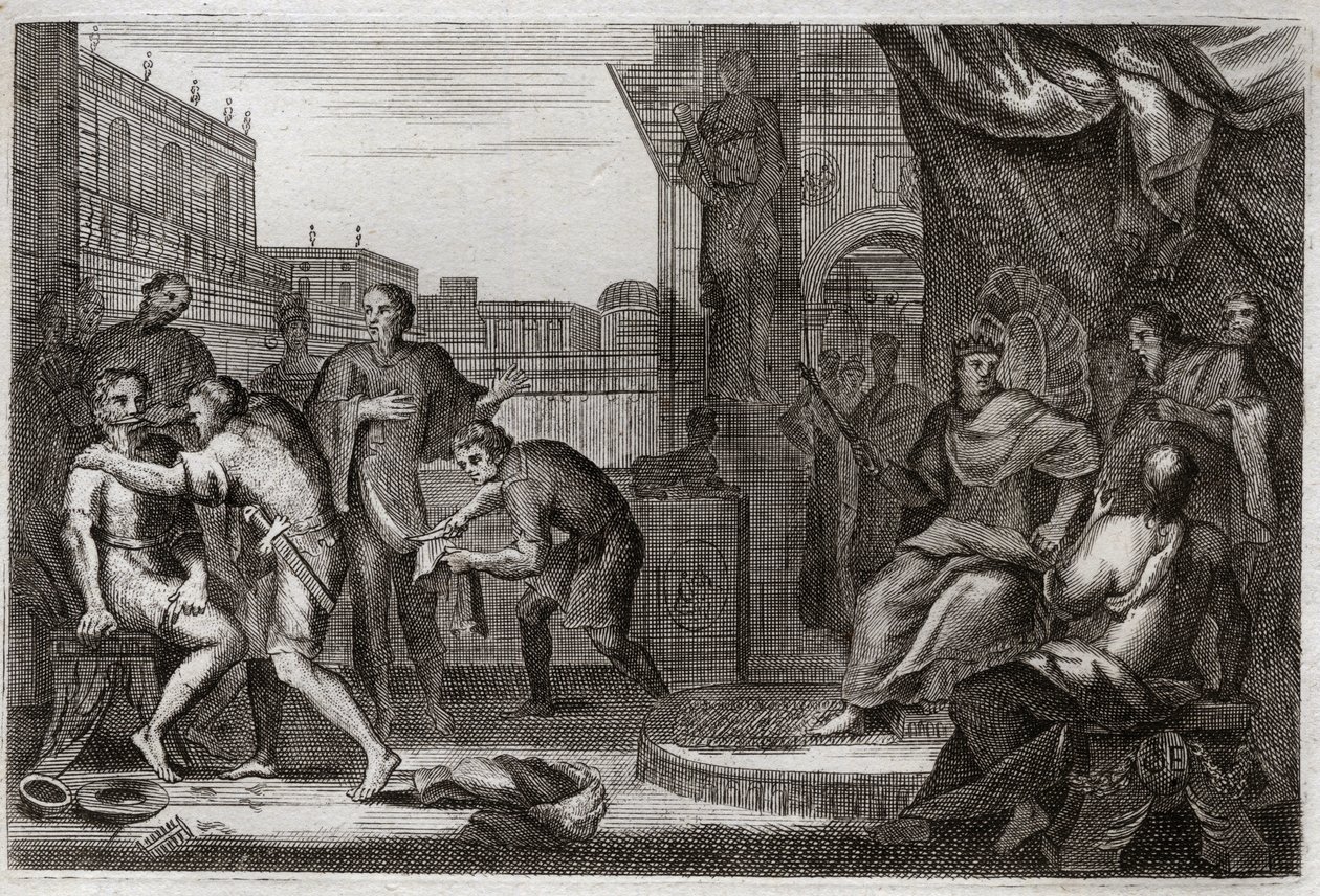 Biblia Royaumont, Stary Testament: Ambasadorowie Dawida. Dawid wysłał Joaba przeciwko Ammonitom, aby zemścił się za zniewagę, jaką Hanon, ich książę, wyrządził swoim ambasadorom, których wziął za szpiegów. Ilustracja z 1811 roku. autorstwa Unknown artist