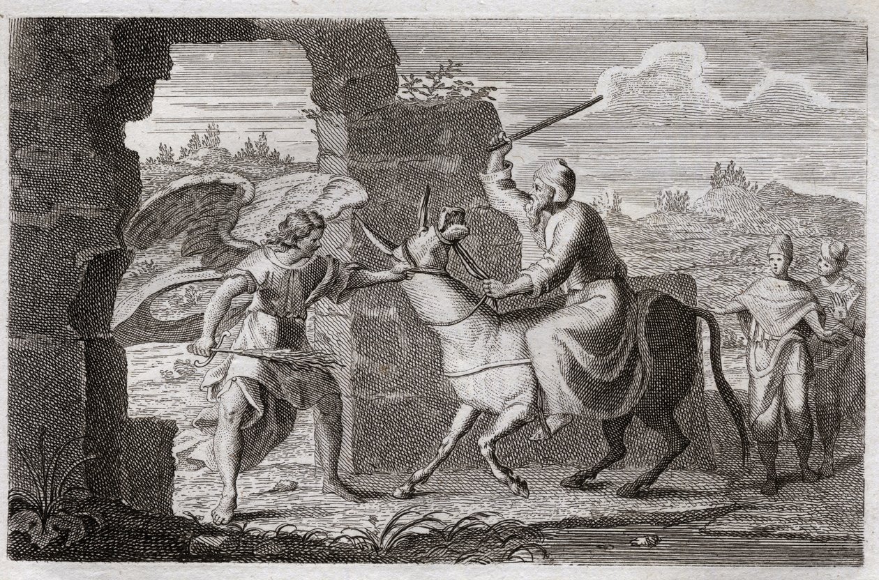 Biblia Royaumont, Stary Testament: Balaam. Fałszywy prorok Balaam błogosławił, chociaż on, lud Boży, chociaż król Balak (Balac) posłał mu kłótnię, aby go przekląć. Jej koperek odzywa się do niej, żeby narzekać na to, co ją bił, bo ona autorstwa Unknown artist