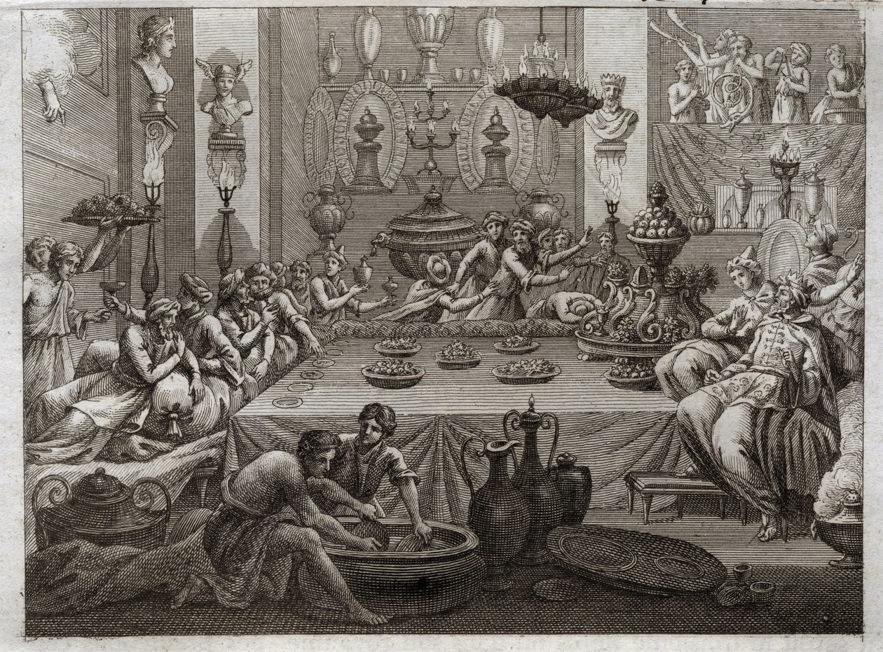 Biblia Royaumont, Stary Testament: Baltazar potępia. Król Baltazar (Belshatsar) widzi przy stole rękę, która w trzech słowach pisze koniec jego zdania. Ilustracja z 1811 roku. autorstwa Unknown artist