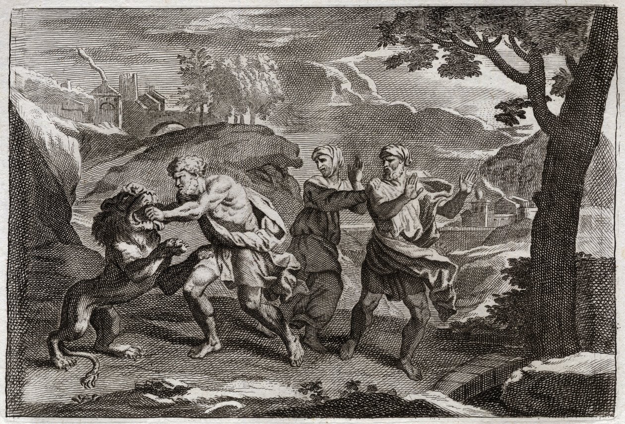 Biblia Royaumonta, Stary Testament: Narodziny Samsona. Samson rozrywa lwa na kawałki. Ilustracja z 1811 roku. autorstwa Unknown artist