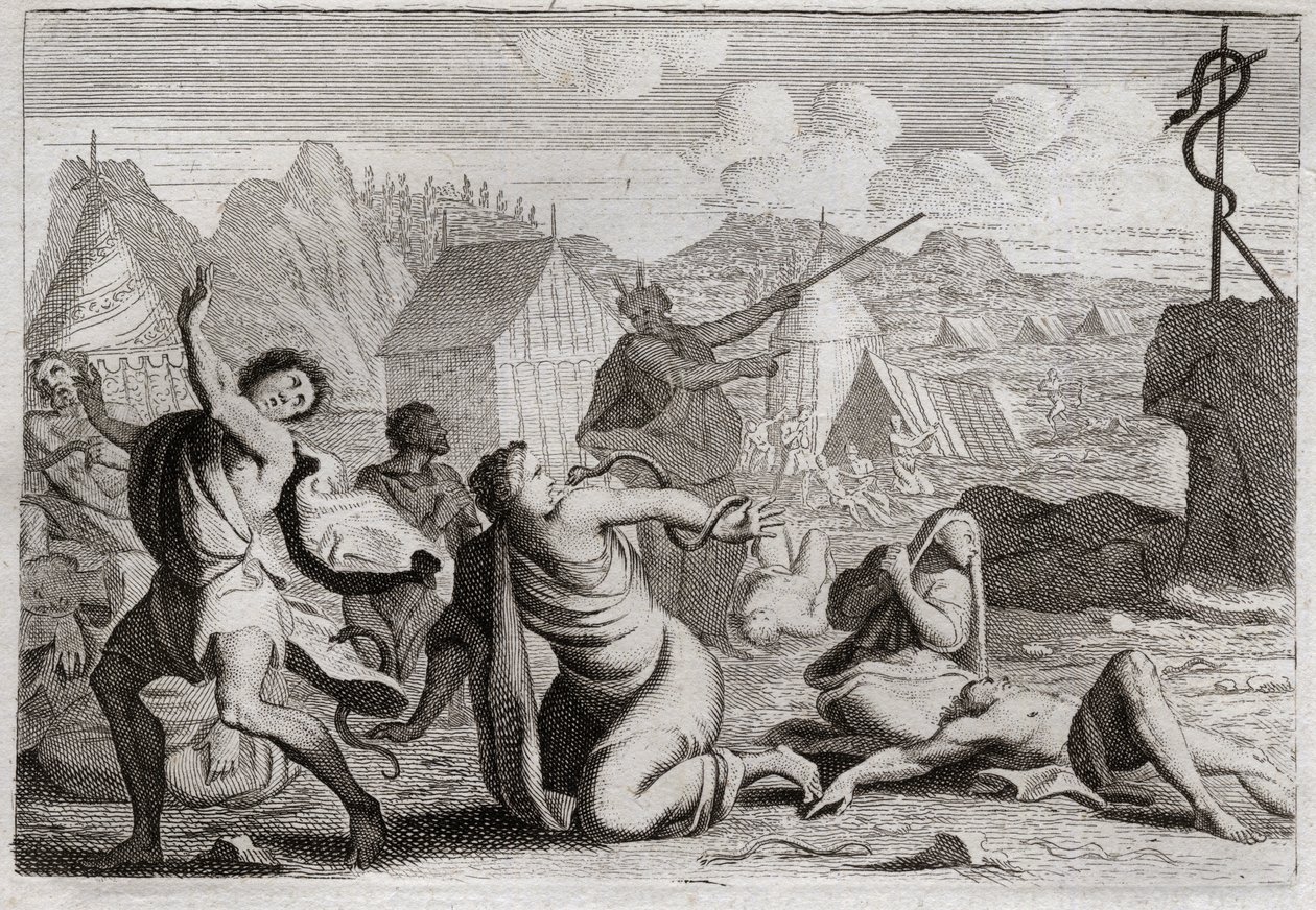 Biblia Royaumont, Stary Testament: Miedziany Wąż. Lud szemrzący przeciwko Bogu i przeciwko Mojżeszowi jest karany przez węże ogniste; z którego zostali zranieni przez węża miedzianego, którego Mojżesz wzbudził, aby był widoczny dla całego ludu. Ilustracja autorstwa Unknown artist