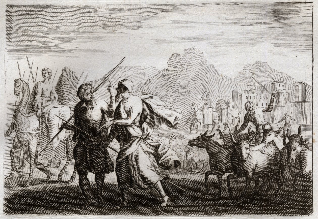 Biblia Royaumont, Stary Testament: Powołanie Abrahama. Bóg wzywa Abrahama i nakazuje mu opuścić ziemię Chaldejczyków i wejść do ziemi, którą obiecał mu dać. Ilustracja z 1811 roku. autorstwa Unknown artist
