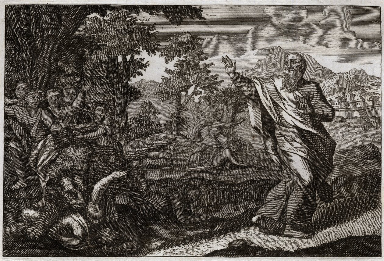 Biblia Royaumont, Stary Testament: Dzieci pożerają niedźwiedzie. Dzieci śmiejące się z łysiny Elizeusza są rozdzierane przez niedźwiedzie. Ilustracja z 1811 roku. autorstwa Unknown artist
