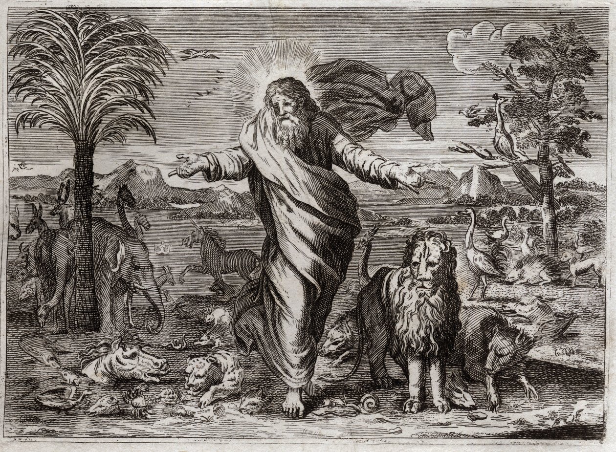 Biblia Royaumont, Stary Testament: Stworzenie Świata. Bóg ciągnie niebo i ziemię znikąd iw ciągu sześciu dni zdobi je i ludzi wszelkiego rodzaju stworzeń. Ilustracja z 1811 roku. autorstwa Unknown artist