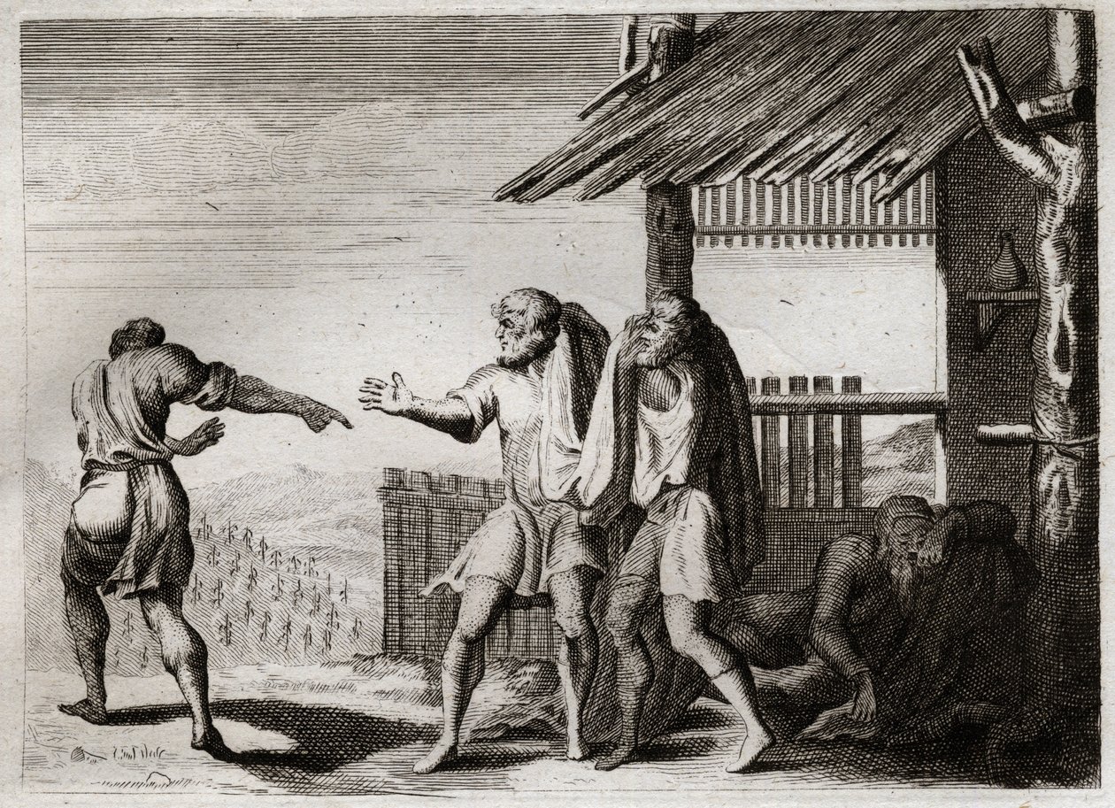 Biblia Royaumont, Stary Testament: Przeklęty Cham jego Ojca (pijaństwo Noe). Cham, drugie z dzieci Noego, widzi swojego ojca w nieprzyzwoitej postawie, nie dba o to i zostaje na niego przeklęty. Ilustracja z 1811 roku. autorstwa Unknown artist