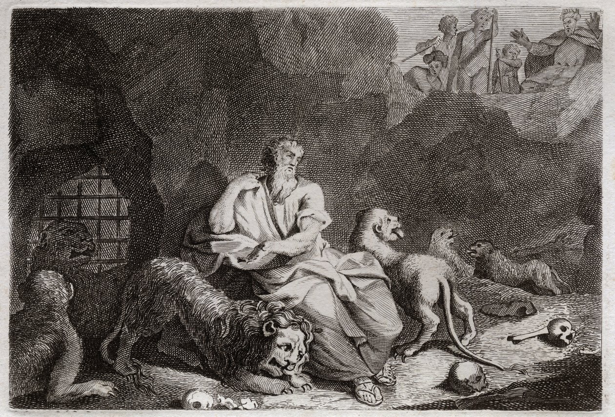 Biblia Royaumont, Stary Testament: Daniel w jamie lwów. Daniel zostaje wrzucony do dołu Lwów i cudem jest pijany. Ilustracja z 1811 roku. autorstwa Unknown artist
