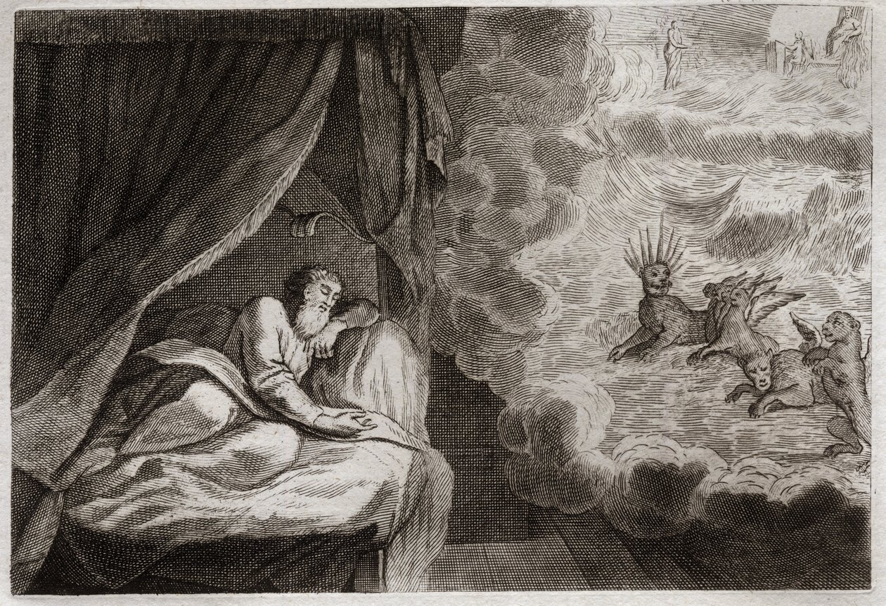 Biblia Royaumont, Stary Testament: wizja Daniela czterech monarchii Asyryjczyków, Persów, Greków i Rzymian. Widzą cztery potwory: Haniel, Kafziel, Azriel, Aniel. Ilustracja z 1811 roku. autorstwa Unknown artist