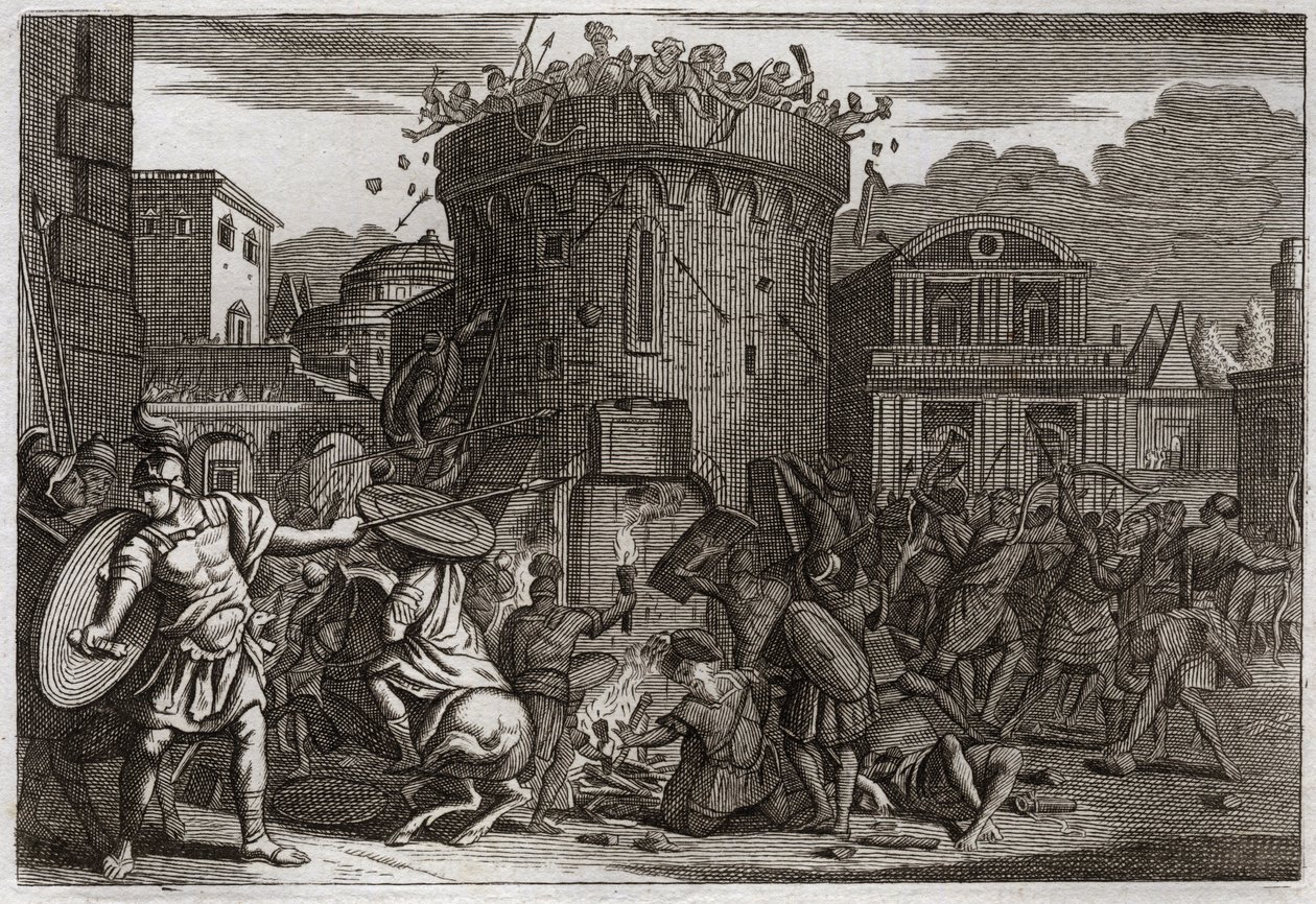 Biblia Royaumont, Stary Testament: Śmierć Abimelecha. Abimelech (Abimelec lub Ahimelech lub Ahimelek) zostaje zabity przez kobietę, która rozbija go kamieniem podczas oblężenia Tebetz. Ilustracja z 1811 roku. autorstwa Unknown artist
