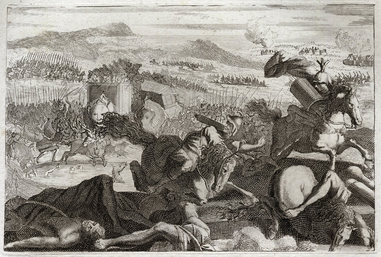Biblia Royaumont, Stary Testament: Śmierć Judasza. Klęska Demetriosa I Sotera i Nicanora. Śmierć Judasza Machabeusza (Machabe, Macabee) w bitwie. Ilustracja z 1811 roku. autorstwa Unknown artist