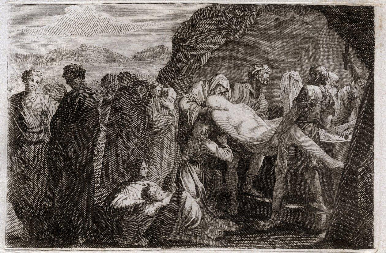 Biblia Royaumont, Stary Testament: Śmierć Sary. Sara (Sara) umiera. Abraham, aby go pochować, kupił grób w mieście Geth. Ilustracja z 1811 roku. autorstwa Unknown artist
