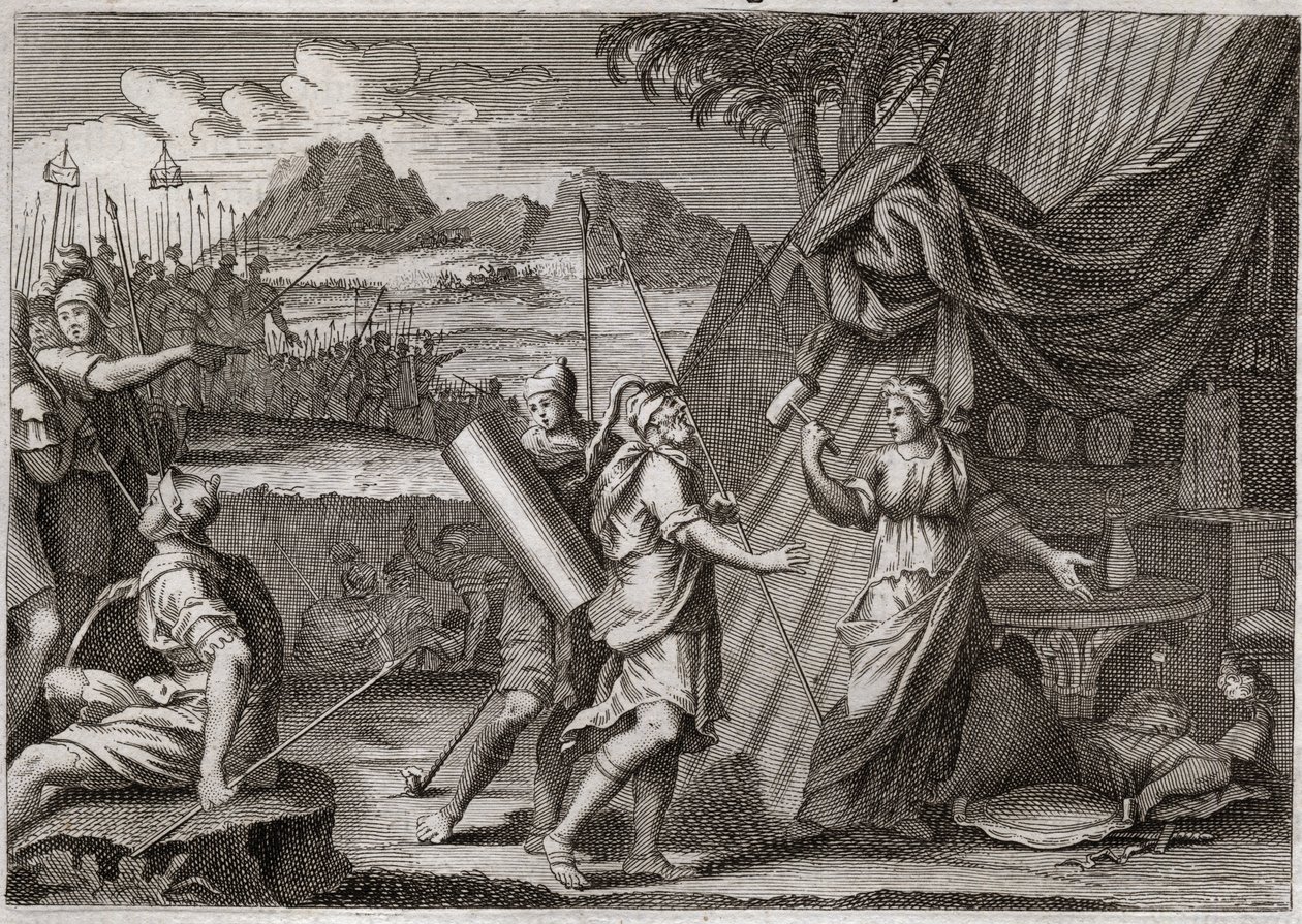 Biblia Royaumont, Stary Testament: Śmierć Sisary. Yael (Jael) zabija głowę armii kananejskiej Sisra (Sisera lub Sisara). Ilustracja z 1811 roku. autorstwa Unknown artist
