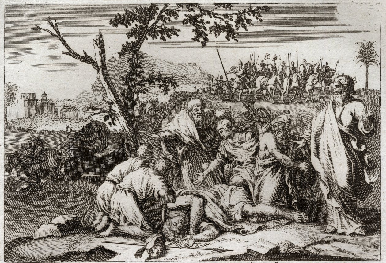Biblia Royaumont, Stary Testament: Śmierć złego Antiocha. Przerażająca śmierć króla Antiocha IV Epifana (175-164 pne) po upadku konia. Ilustracja z 1811 roku. autorstwa Unknown artist