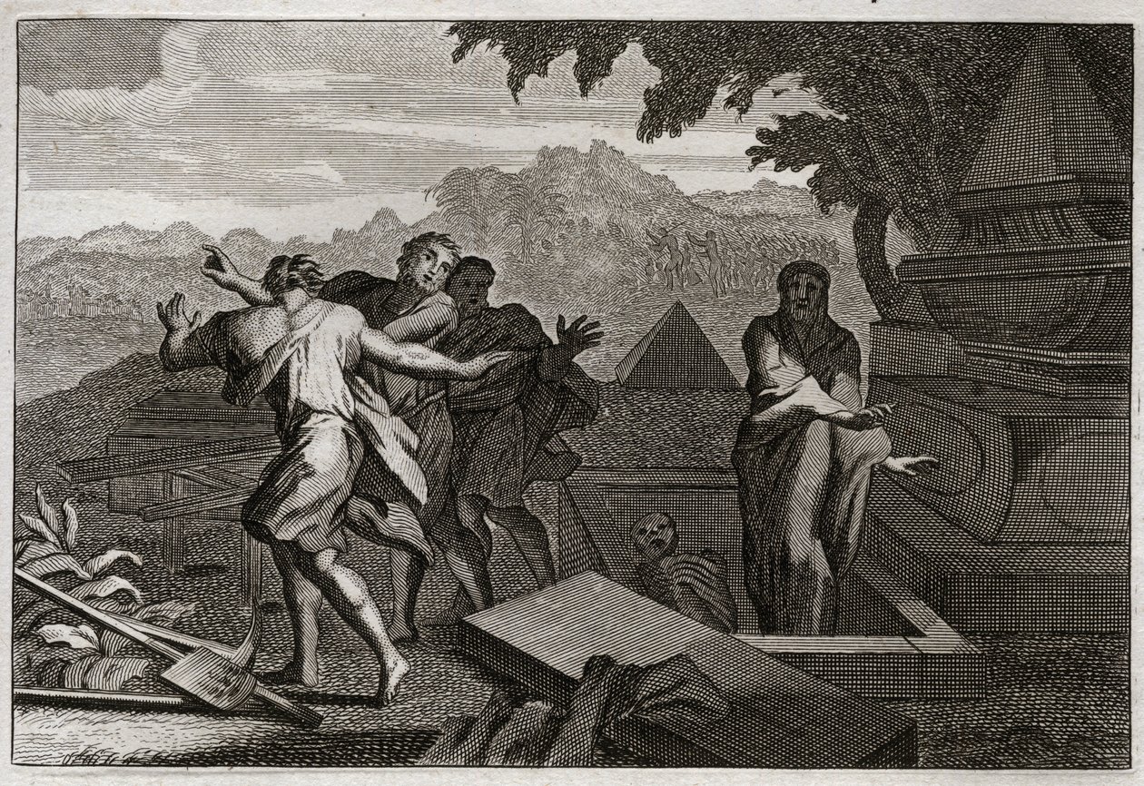 Biblia Royaumont, Stary Testament: Śmierć wschodzi. Martwy mężczyzna został przypadkowo upuszczony przy grobie Elisee i zmartwychwstał dotykając jego kości. Ilustracja z 1811 roku. autorstwa Unknown artist