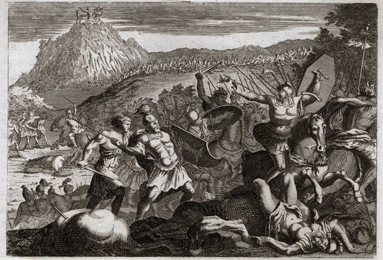 Biblia Royaumont, Stary Testament: Klęska Amaleka (Amalek). Mojżesz odniósł zwycięstwo nad Amalekitami, trzymając ręce wysoko w niebie. Ilustracja z 1811 roku. autorstwa Unknown artist