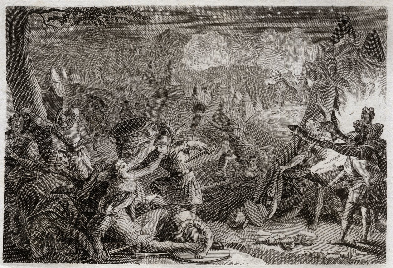 Biblia Royaumont, Stary Testament: Klęska Midianitów przy dźwiękach trąb i światłach lamp. Ilustracja z 1811 roku. autorstwa Unknown artist