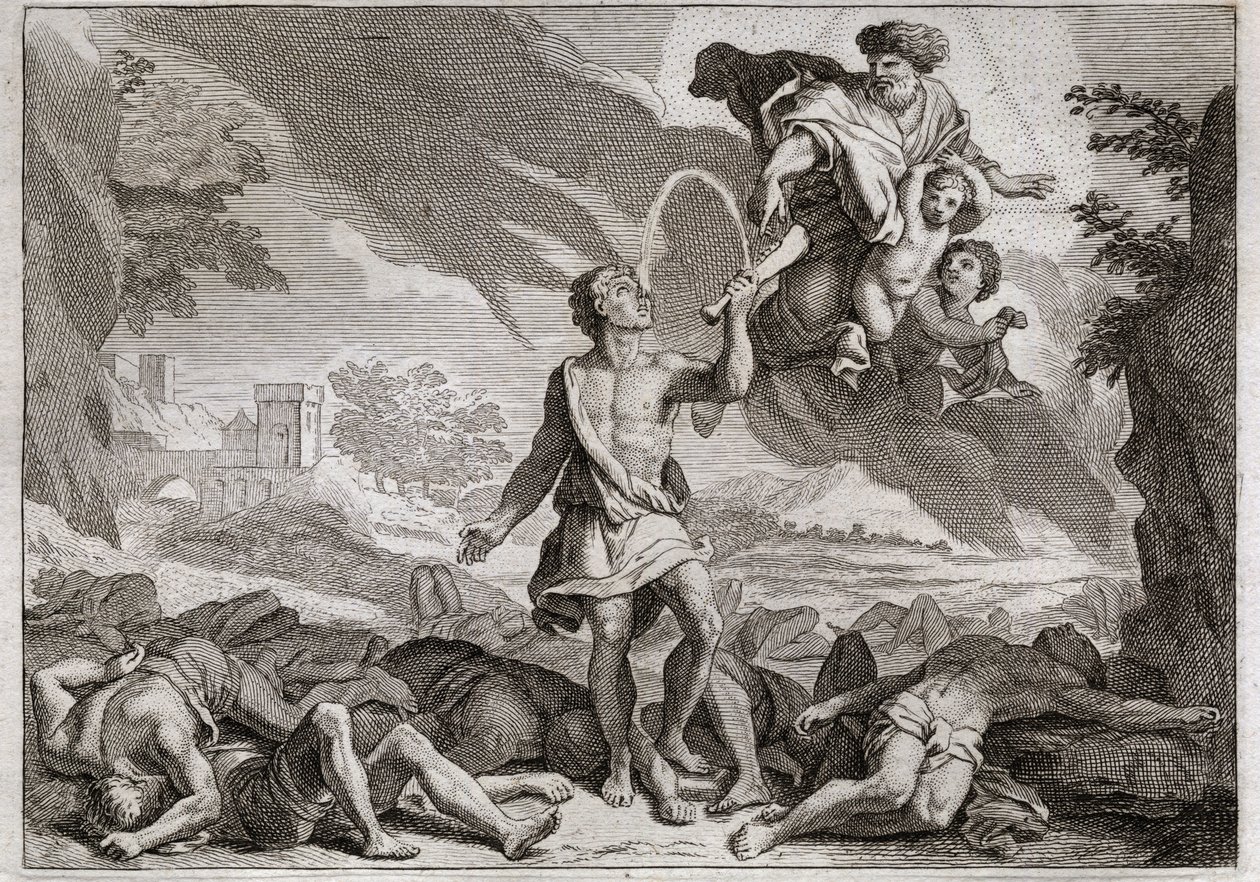 Biblia Royaumont, Stary Testament: Klęska Filistynów. Samson zabija osła szczęką tysiąc Filistynów. Bóg sprawia, że woda wypływa ze szczęk, aby Samson mógł ugasić pragnienie. Ilustracja z 1811 roku. autorstwa Unknown artist