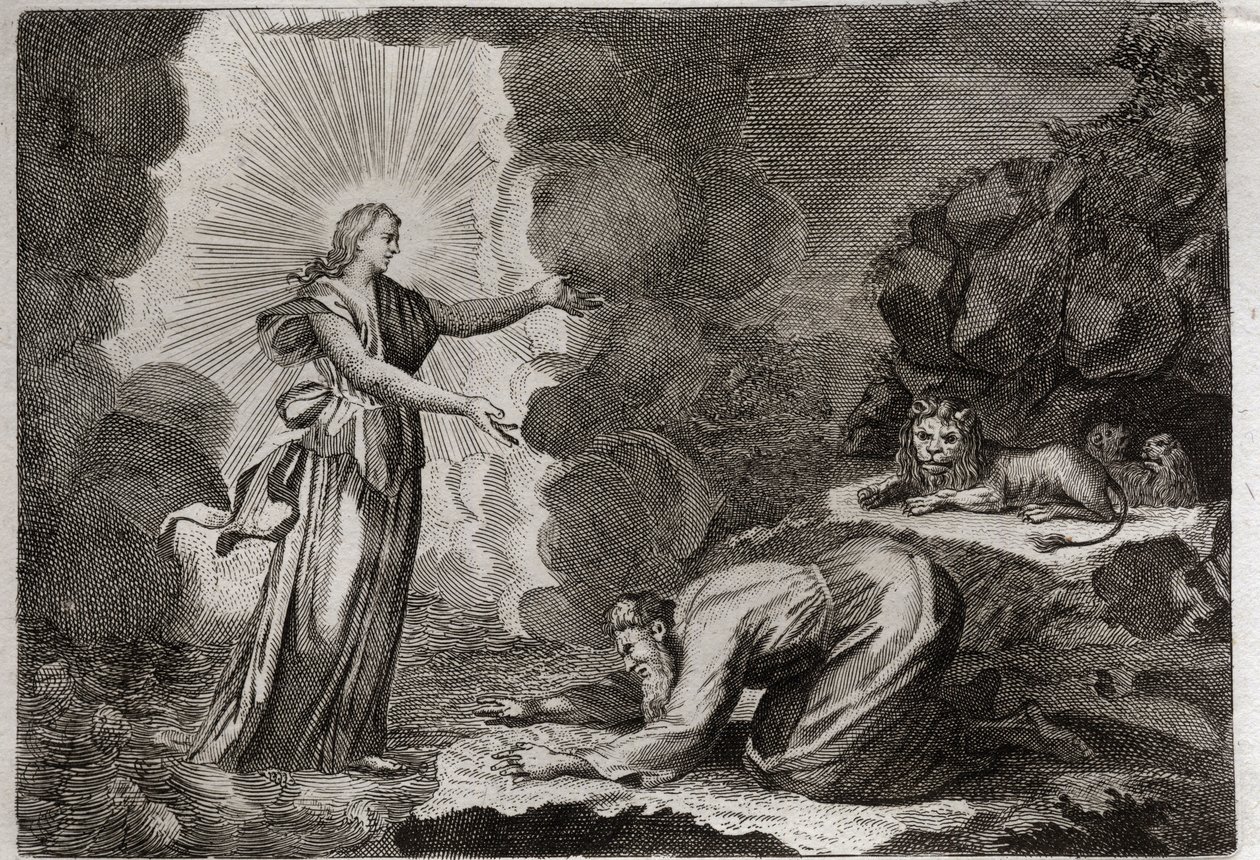 Biblia Royaumont, Stary Testament: Wyzwolenie Daniela. Daniel w jaskini lwów jest cudownie pijany. Ilustracja z 1811 roku. autorstwa Unknown artist