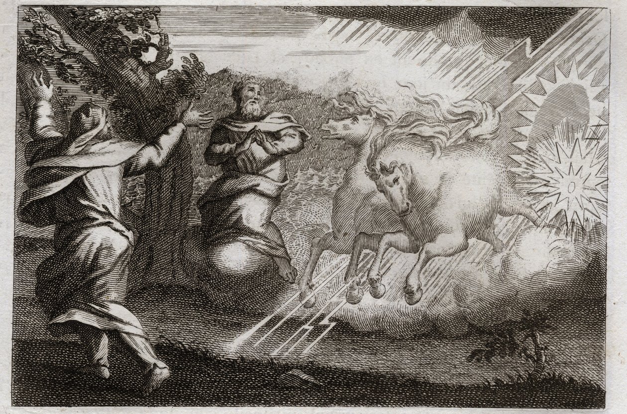 Biblia Royaumont, Stary Testament: Eliasz jest zachwycony niebem. Eliasz zostaje zabrany do nieba w rydwanie ognia w obecności swego ucznia. Elisee otrzymuje od niego swój podwójny umysł: dzieli wody Jordanu płaszczem Eliasza. Ilustr autorstwa Unknown artist