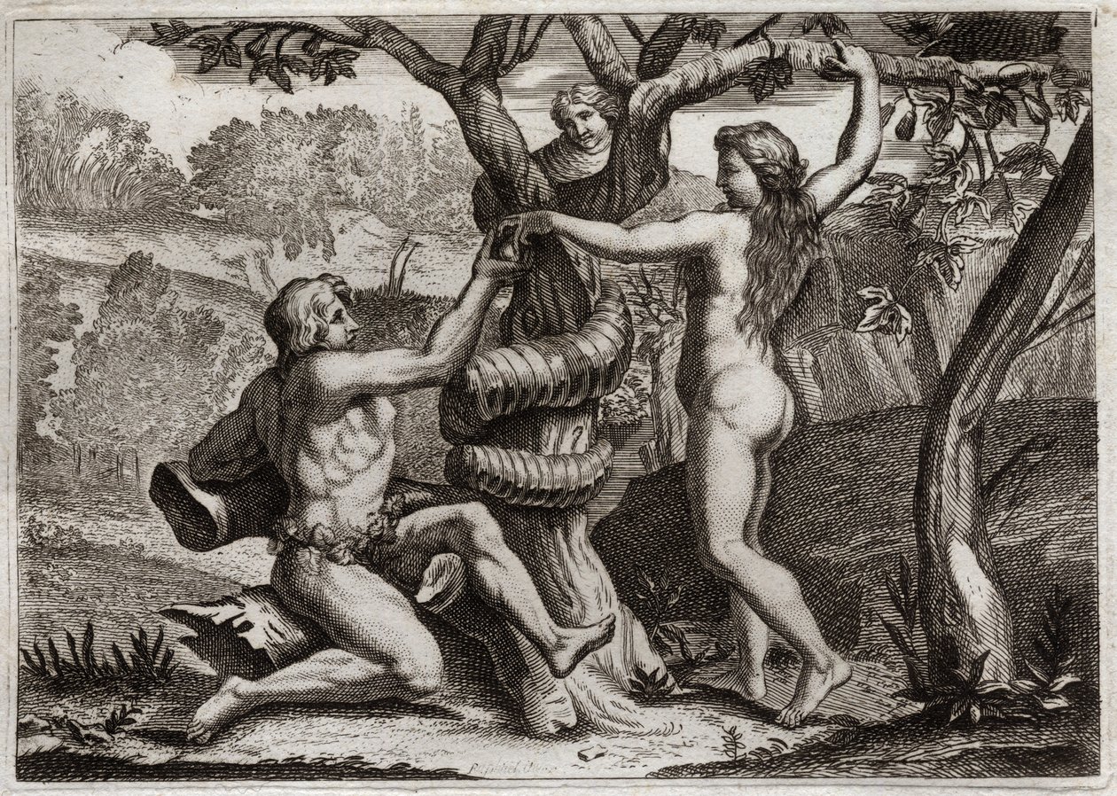 Biblia Royaumont, Stary Testament: Upadek Adama. Demon pod twarzą węża przemawia do Ewy, a namiot do jedzenia zakazanego owocu: Ewa upada, a także powoduje upadek Adama. Ilustracja z 1811 roku. autorstwa Unknown artist