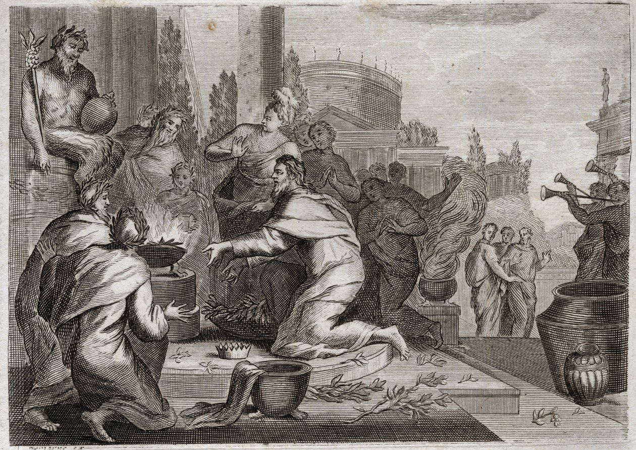 Biblia Royaumont, Stary Testament: Upadek Salomona. Salomon jest zepsuty przez kobiety i ofiarowuje kadzidło bożkom fałszywych bogów. Jego śmierć. Ilustracja z 1811 roku. autorstwa Unknown artist