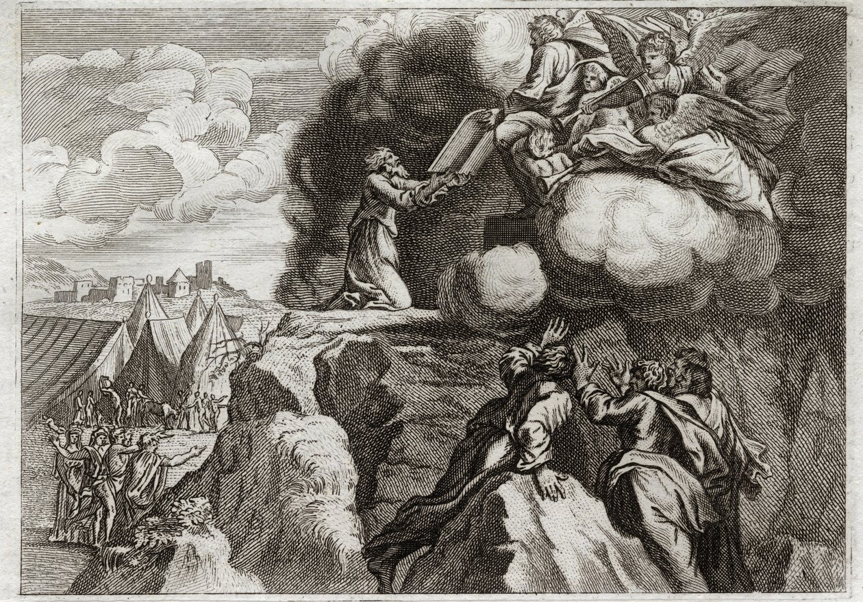 Biblia Royaumont, Stary Testament: Pierwsze Tablice Prawa. Bóg daje Prawo swojemu ludowi na górze Synaj. Mojżesz otrzymuje 10 przykazań z rąk Boga. Ilustracja z 1811 roku. autorstwa Unknown artist