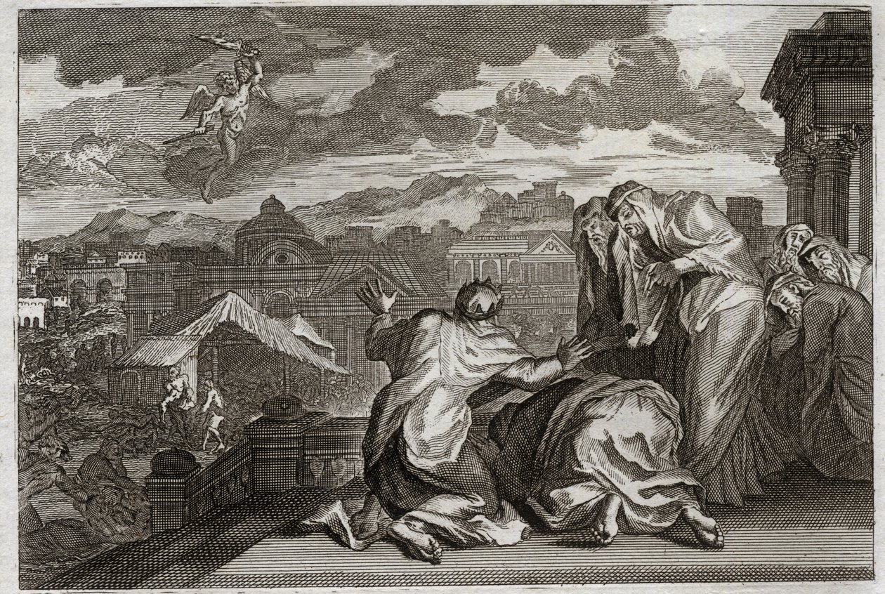 Biblia Royaumont, Stary Testament: Fleau of the Plague. A Dawid, uczyniwszy zacienienie całego swego ludu przez ruch próżności, Bóg zaraża swoje królestwo zarazą, która w ciągu trzech dni zabiera siedemdziesiąt tysięcy ludzi. Ilustracja z 1811 roku. autorstwa Unknown artist