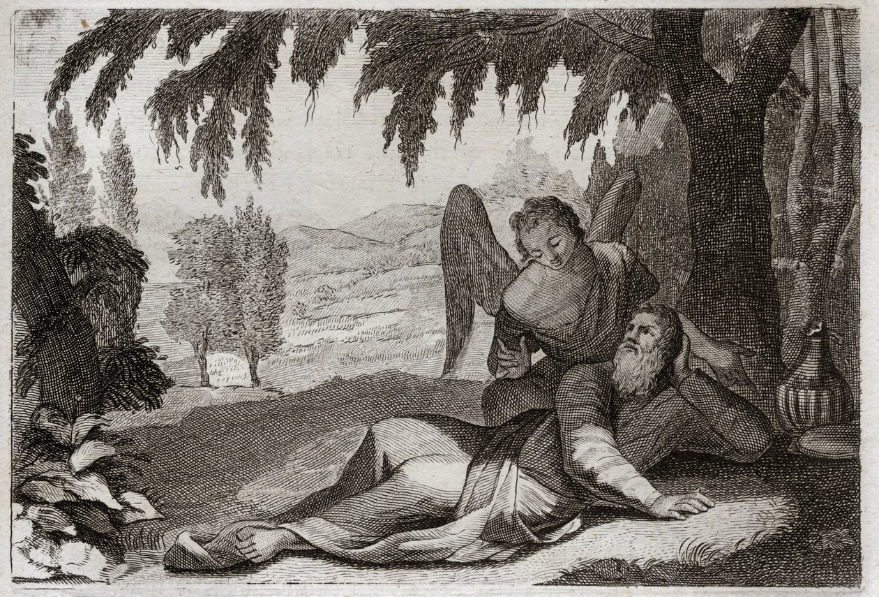 Biblia Royaumont, Stary Testament: Lot Eliasza. Eliasz uciekający przed gniewem Jezabel, który chciał zemścić się na nim za śmierć jego fałszywych proroków, jest wspierany na pustyni przez Anioła, który przynosi mu jedzenie. Ilustracja z 1811 roku. autorstwa Unknown artist