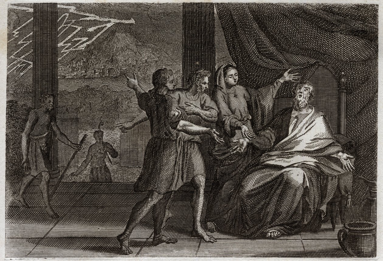 Biblia Royaumont, Stary Testament: Przyjaciele Hioba. Hiob, zamiast być pocieszanym przez trzech książąt, jego przyjaciele, którzy przyszli do niego, otrzymali tylko smutek, ponieważ chcieli, aby wyglądał na winnego. Ilustracja z 1811 roku. autorstwa Unknown artist