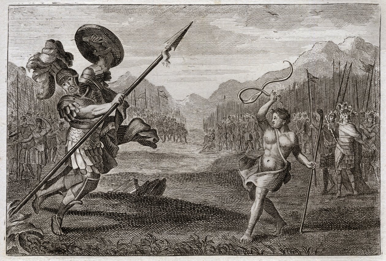 Biblia Royaumont, Stary Testament: Olbrzymi Goliat. Goliat, Filistyn, o niezwykłej wielkości, zostaje pokonany przez Dawida, bronią tylko z procą i kijem. Ilustracja z 1811 roku. autorstwa Unknown artist