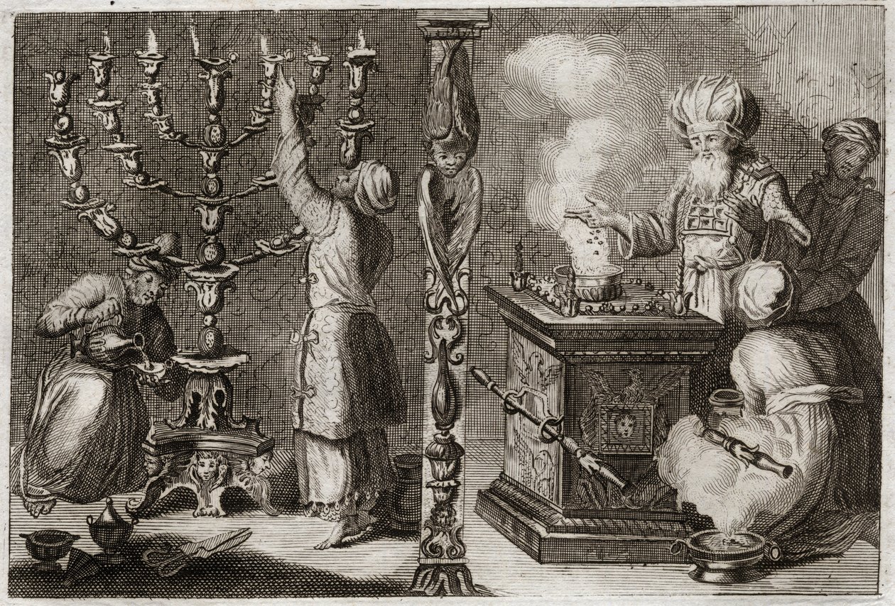 Biblia Royaumont, Stary Testament: Złoty świecznik ma siedem gałęzi (menorah lub menora) w Tabernakulum. Ilustracja z 1811 roku. autorstwa Unknown artist