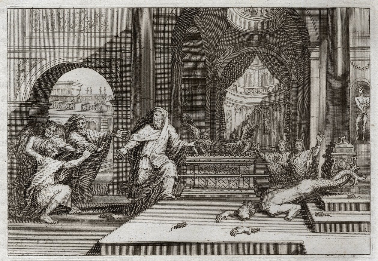 Biblia Royaumont, Stary Testament: Idol Dagona. A kiedy Filistyni umieścili Arkę Przymierza w świątyni obok Dagona, swego Boga, sprowadziła ich bożka i zadała im straszliwą plagę, która zmusiła ich do odesłania jej. Illu autorstwa Unknown artist