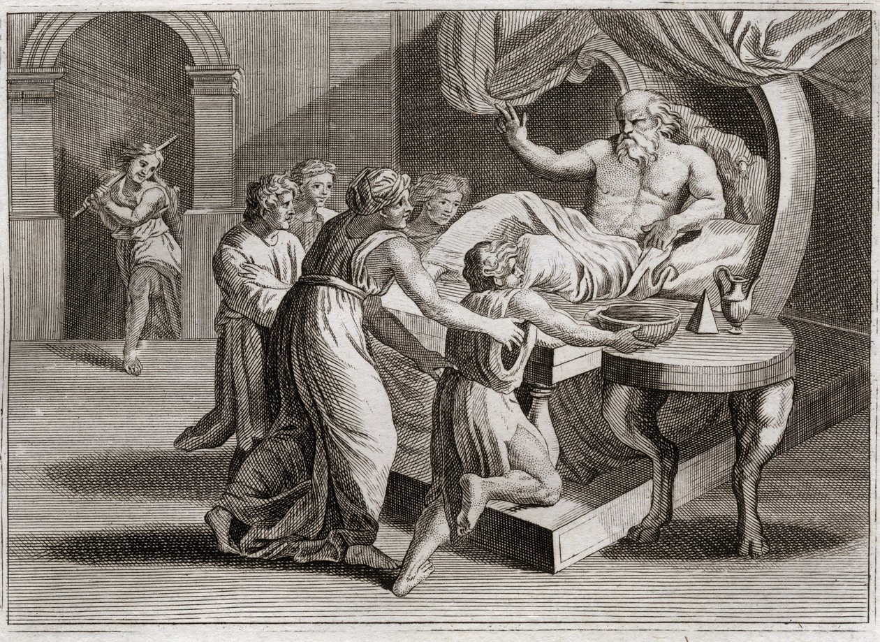 Biblia Royaumont, Stary Testament: Izaak pobłogosławił Jakuba. Izaak pragnąc pobłogosławić Ezawa, poprzez mądrość Rebeki, do której należała zgodnie z planem Bożym, udziela jej błogosławieństwa Jakubowi. Ilustracja z 1811 roku. autorstwa Unknown artist