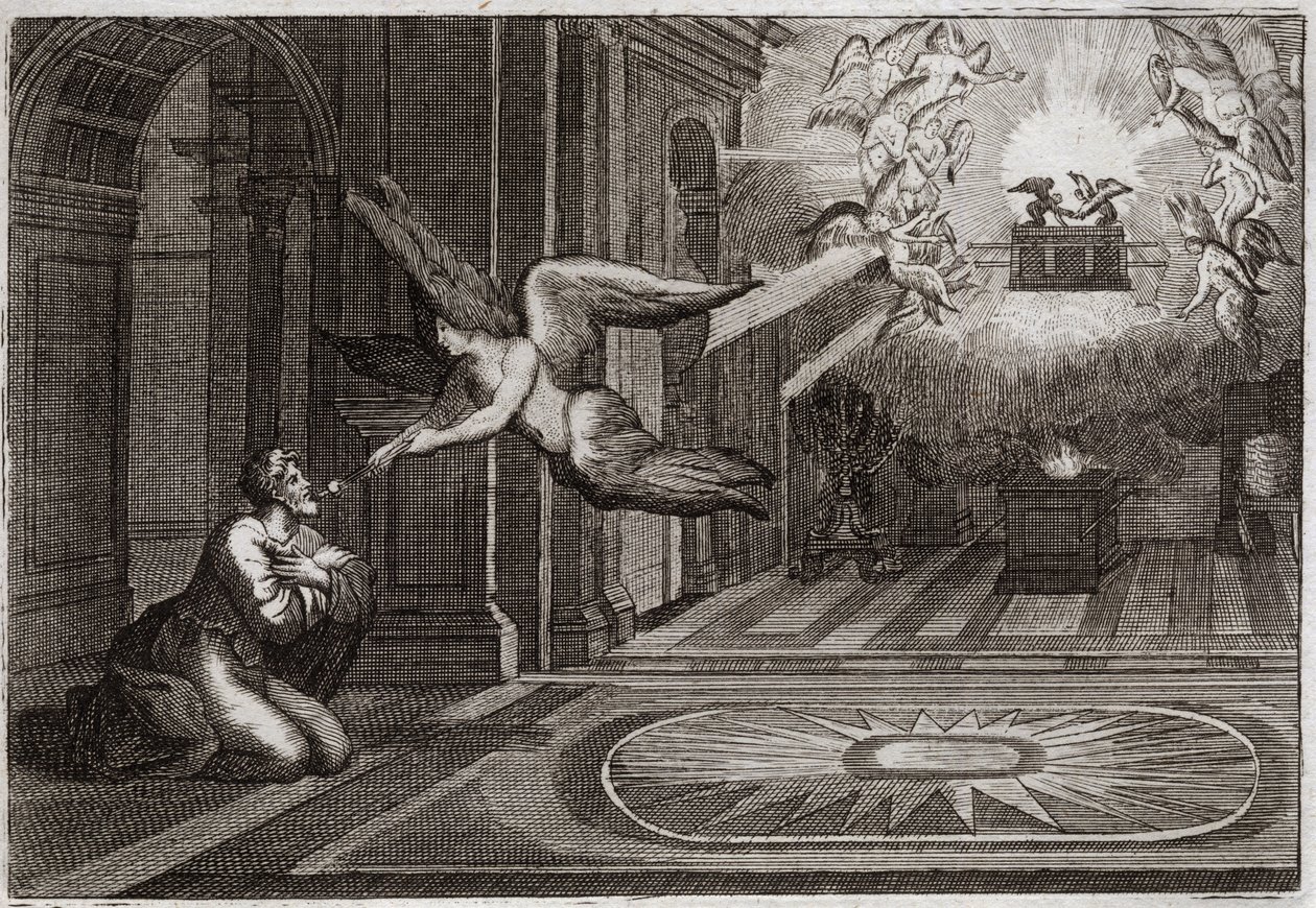 Biblia Royaumont, Stary Testament: prorok Izajasz. Serafin wziął pęsetą rozżarzony węgiel, który był na ołtarzu, i dotknął ust tego świętego proroka, aby oczyścić go ze wszystkich jego plam. Ilustracja z 1811 roku. autorstwa Unknown artist
