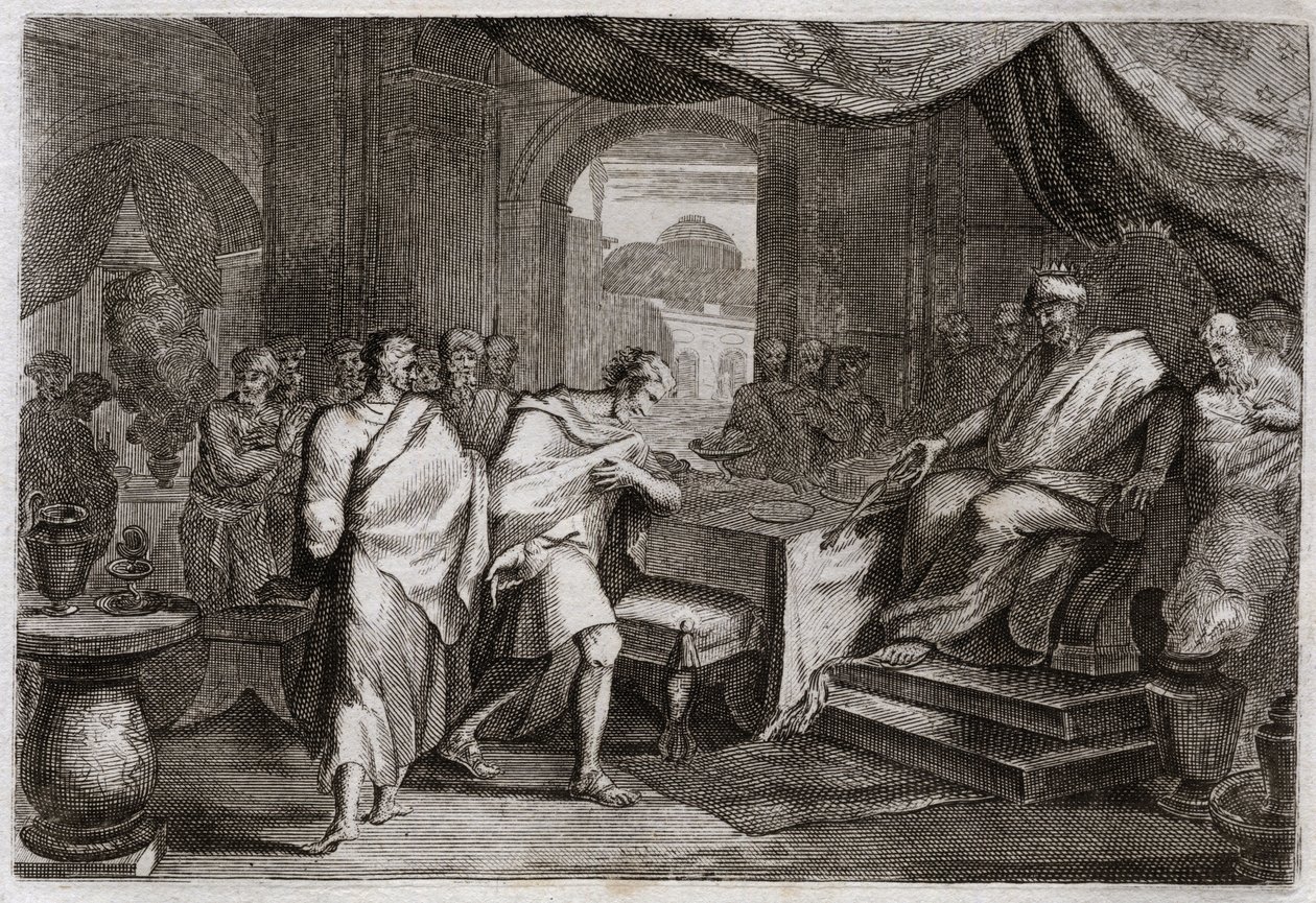 Biblia Royaumont, Stary Testament: Joachim strzela żelazem. Zły merodach (zły merodak, zły merodak), król Babilonu, po śmierci Nabuchodonozora II, traktuje Joachima (Joakima, Joachina, Jechoniasza), niegdyś króla Judy, i wyciąga go z kajdan, by usiadł na autorstwa Unknown artist