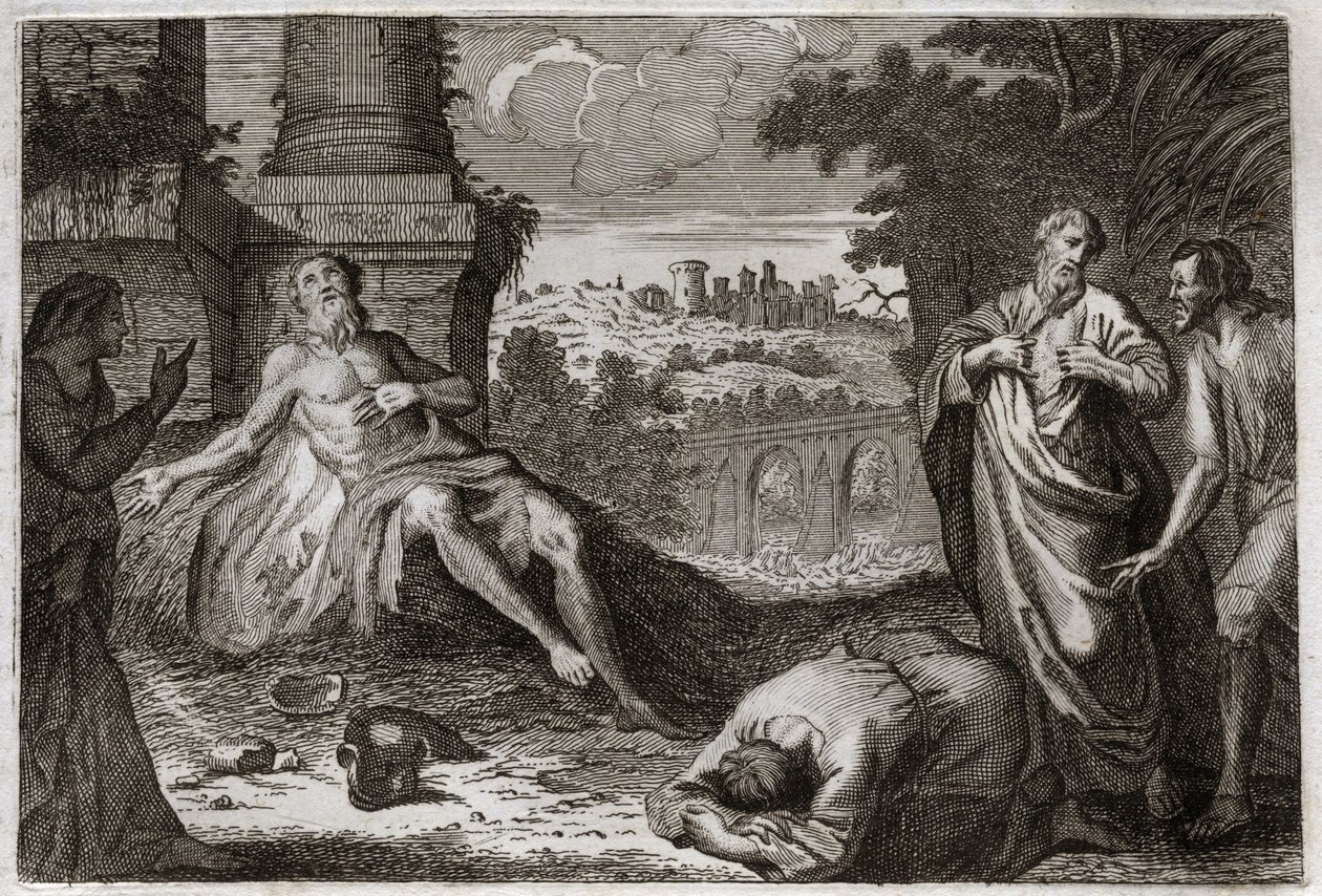 Biblia Royaumont, Stary Testament: Hiob na oborniku. Święty Hiob jest kuszony przez demona, który odbiera mu całe dobro i wszystkie jego dzieci, zadaje mu straszliwą ranę i zostawia mu tylko żonę, która niecierpliwie go nosi. Ilustracja z 181 autorstwa Unknown artist