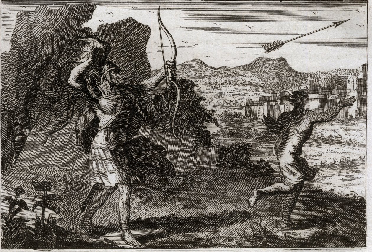 Biblia Royaumont, Stary Testament: Jonatan i Dawid. A gdy Jonatan zobaczył zgorzkniałość ojca, Saul ostrzegł go, by się wycofał. Ilustracja z 1811 roku. autorstwa Unknown artist