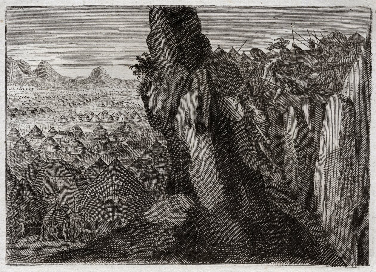 Biblia Royaumont, Stary Testament: Jonathan i jego Ecuyer. Jonatan, syn króla Saula, idzie sam ze swoim Ecuyerem do obozu Filistynów i zmusza ich do ucieczki. Ilustracja z 1811 roku. autorstwa Unknown artist
