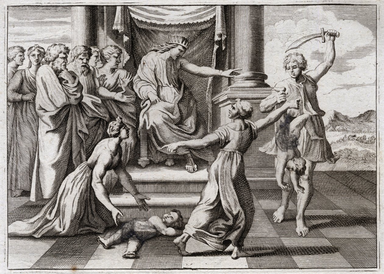Biblia Royaumont, Stary Testament: Wyrok Salomona. Słynny osąd Salomona między dwiema kobietami, aby rozpoznać, która z nich jest matką dziecka, które obie twierdziły, że są nią. Ilustracja z 1811 roku. autorstwa Unknown artist