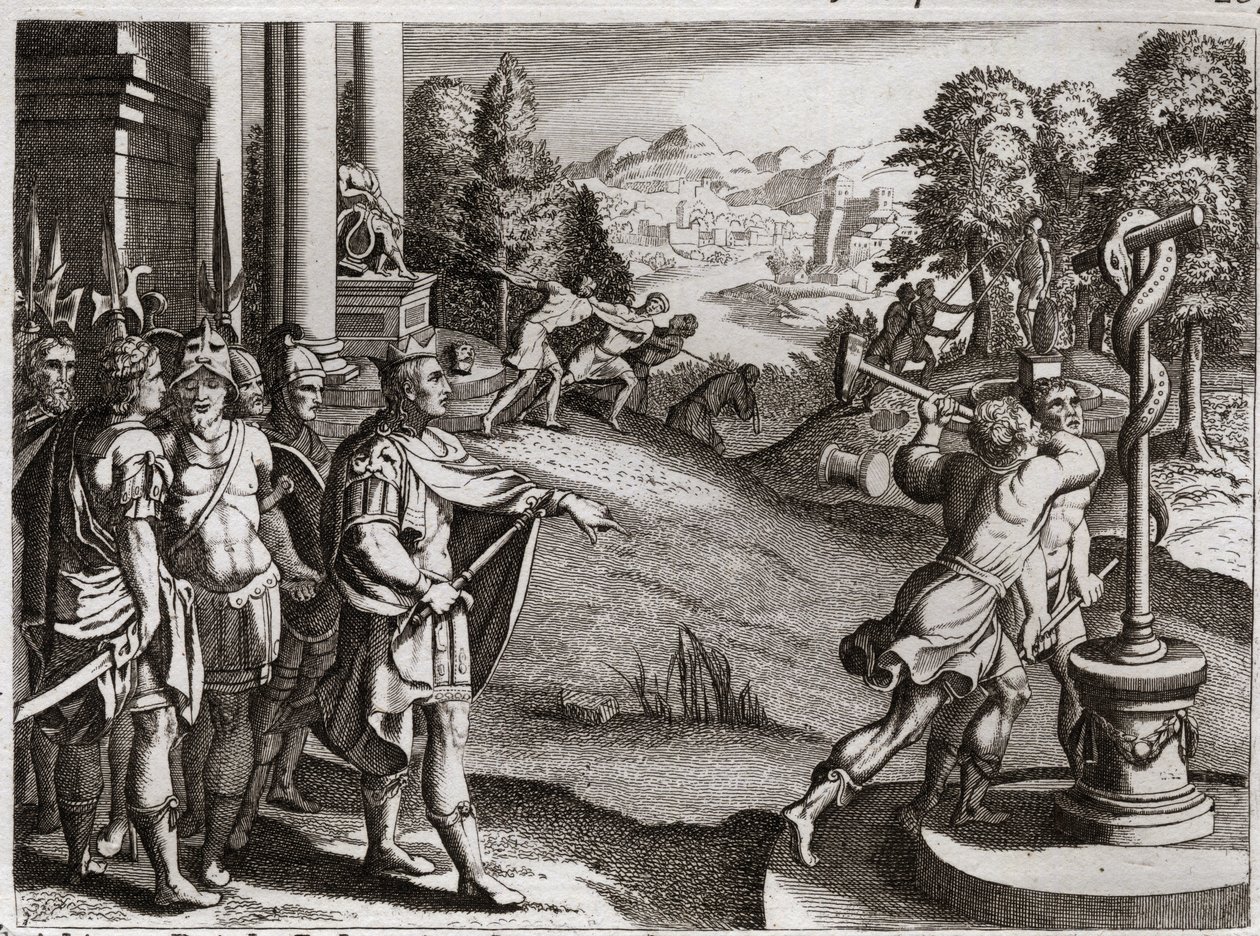Biblia Royaumont, Stary Testament: Król Ezechiasz. Ezechiasz, król Judy, odnosi się do wielbienia Boga i powoduje bożki, które czcili jego ludzie, zanim zostali królami. Ilustracja z 1811 roku. autorstwa Unknown artist