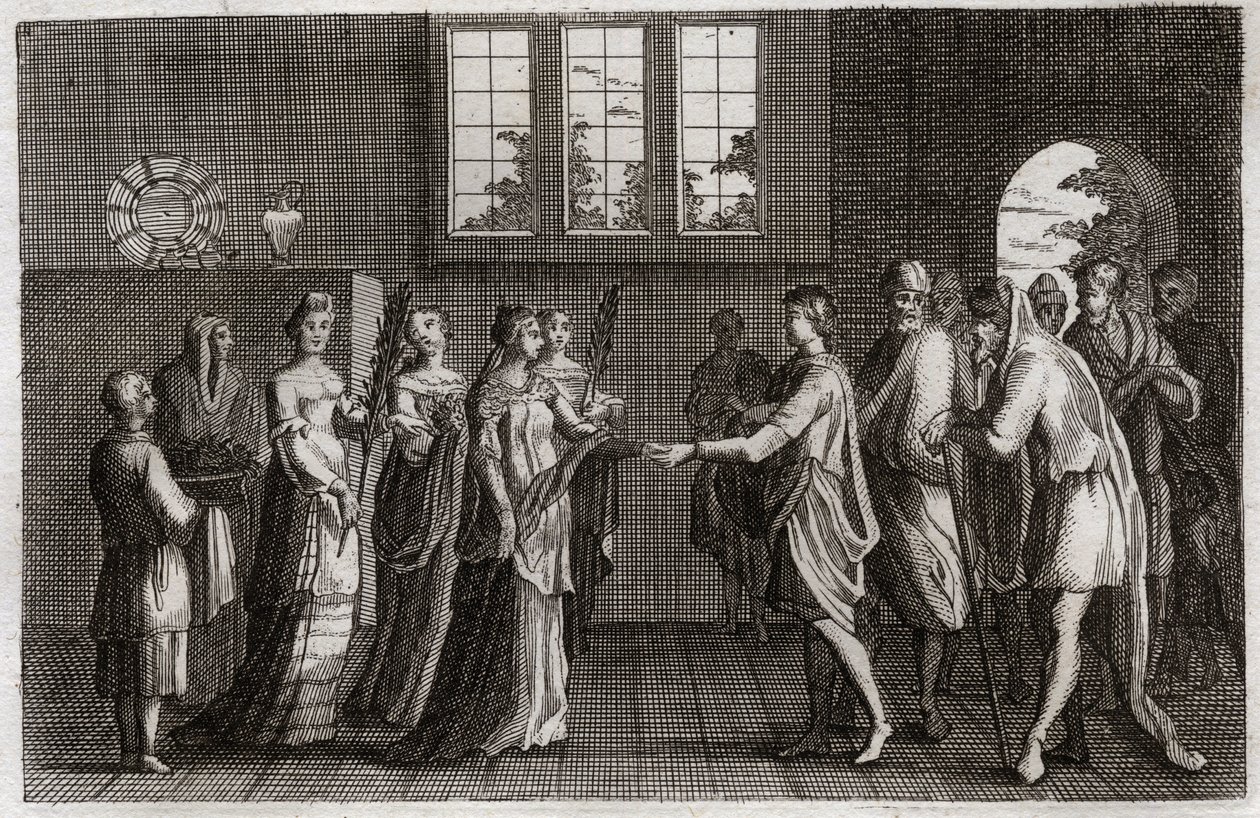 Biblia Royaumont, Stary Testament: Małżeństwo Izaaka. Izaak, syn Abrahama, żeni się z Rebeką. Ilustracja z 1811 roku. autorstwa Unknown artist