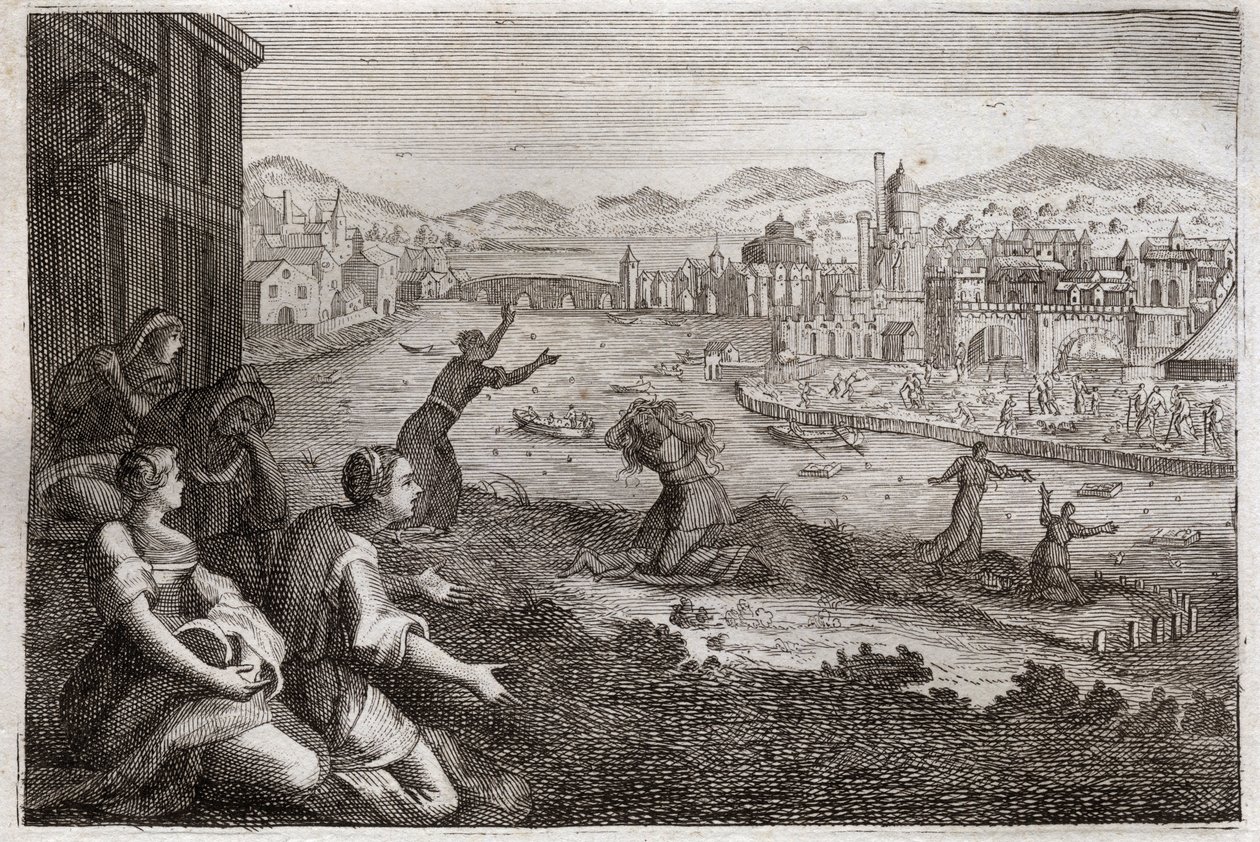 Biblia Royaumont, Stary Testament: Położne Egiptu. Faraon sprawia, że dzieci Izraelitów płci męskiej są wrzucane do Nilu. Ilustracja z 1811 roku. autorstwa Unknown artist