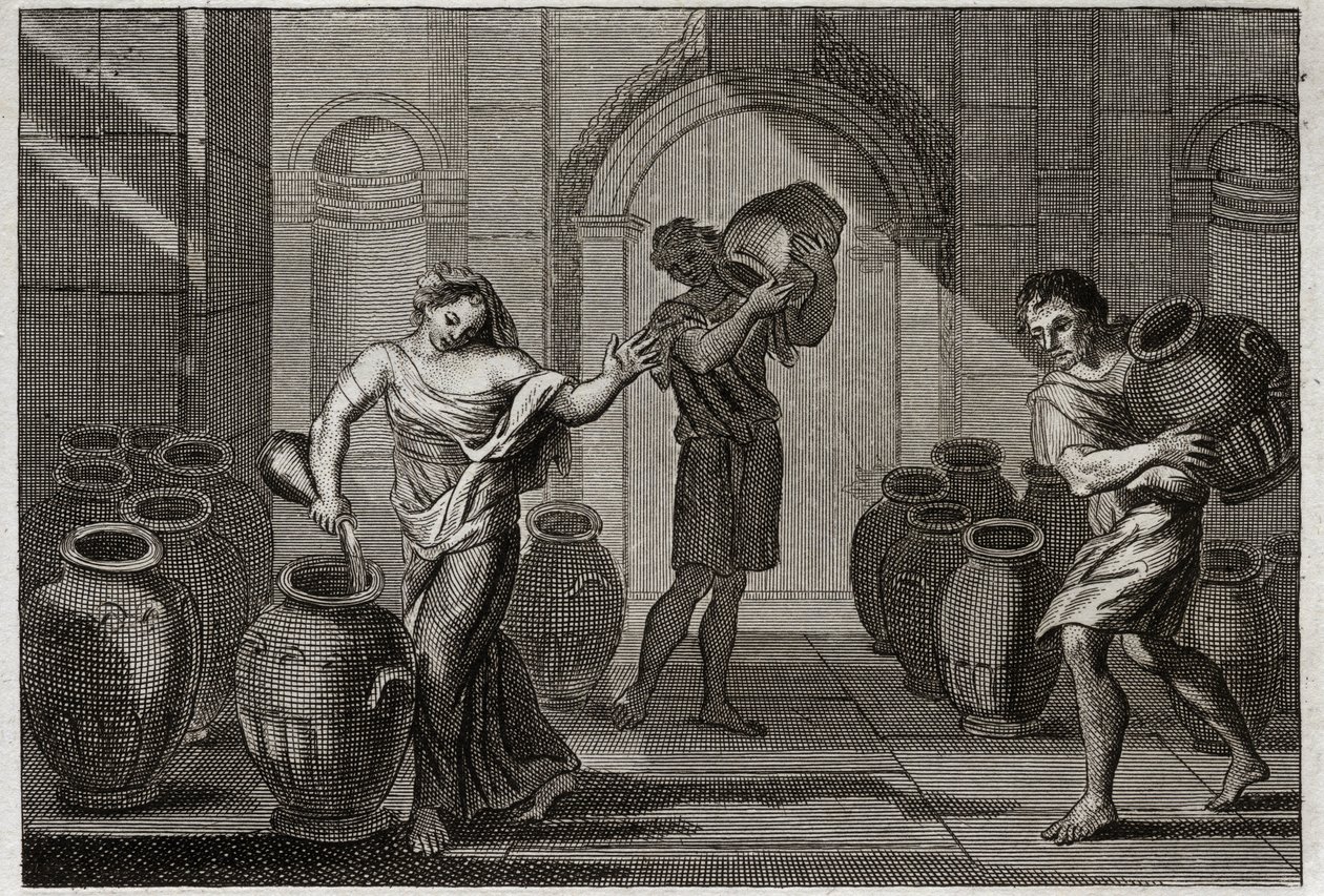 Biblia Royaumont, Stary Testament: Cud Elizeusza. Umęczona wdowa po swoich twórcach, korzystając z dobroczynności Elizeusza, ten Prorok nakazał jej pożyczyć wiele naczyń od tych sąsiadów, które napełniła oliwą z małą resztką, którą miała w swoim domu. autorstwa Unknown artist