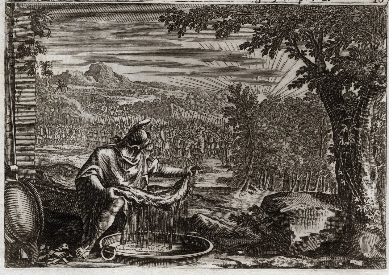 Biblia Royaumont, Stary Testament: Cud runa. Gedeon (Gedeon) uzyskał od Boga cud runa jako dowód, że wybrał je i że uczyni je wyzwolicielem swojego ludu. Ilustracja z 1811 roku. autorstwa Unknown artist