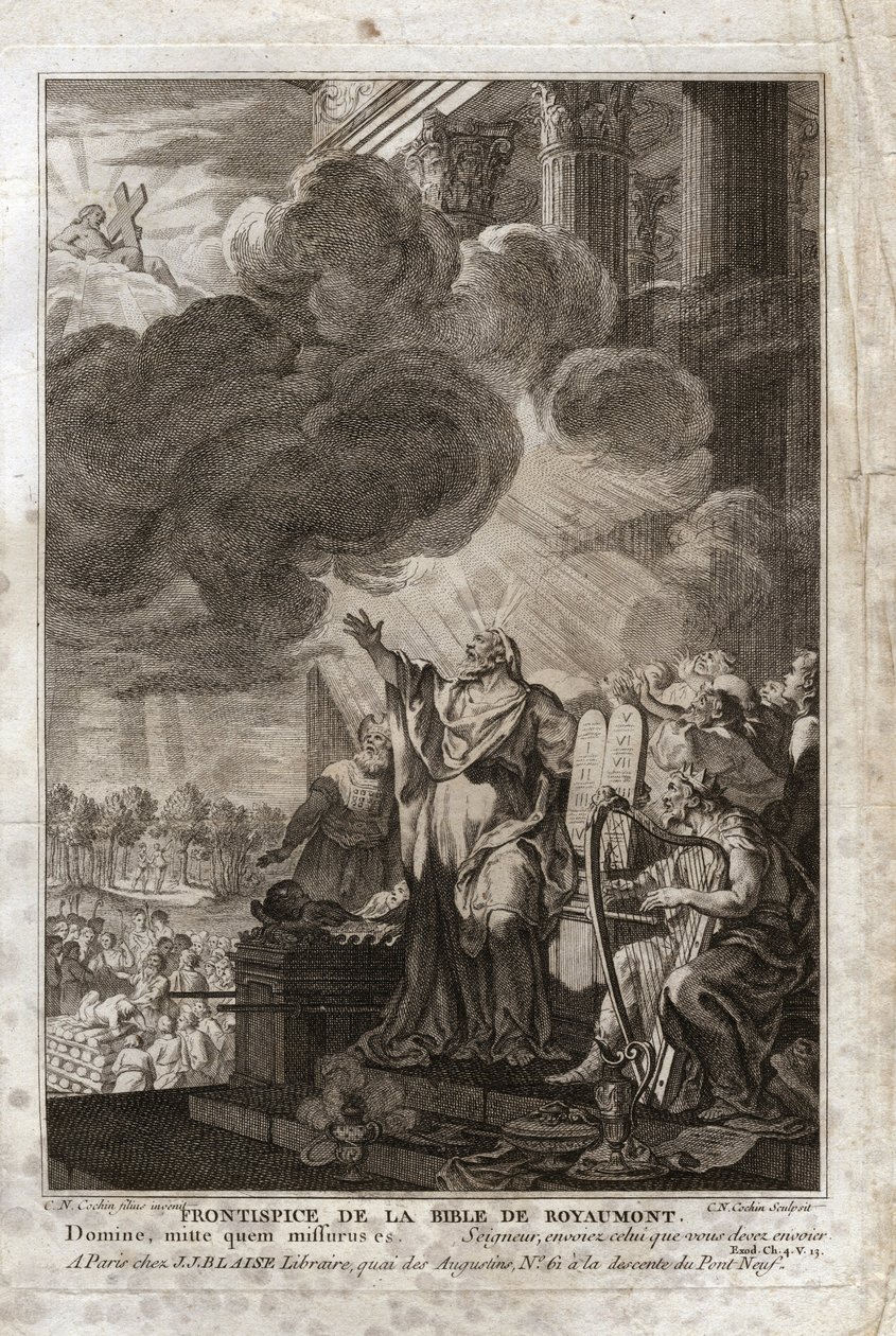 Biblia Royaumont, Stary Testament: Mojżesz zwracający się do Boga („Panie, wyślij tego, kogo masz wysłać”). Frontyspicjum. Ilustracja z 1811 roku. autorstwa Unknown artist