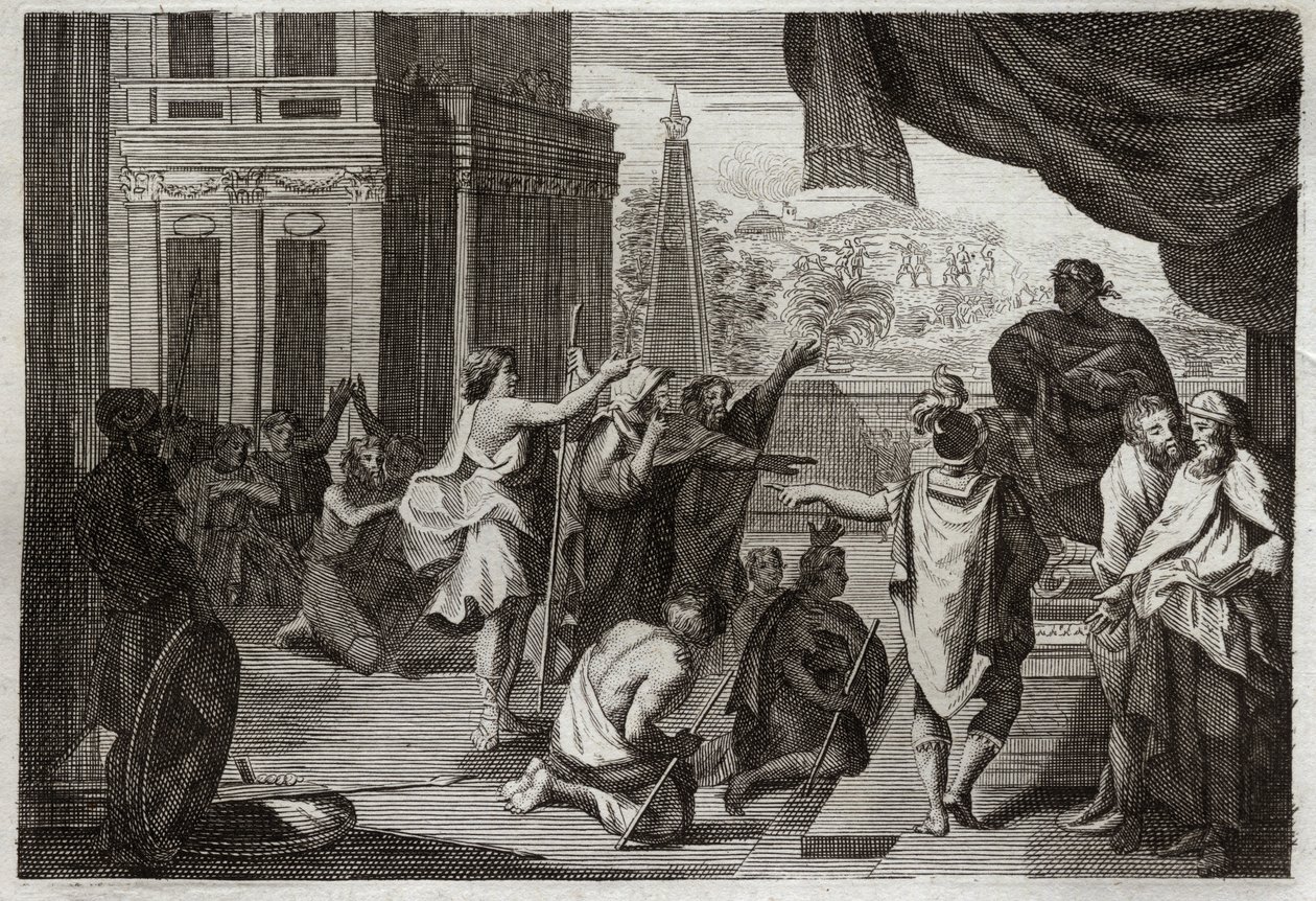 Biblia Royaumont, Stary Testament: Mojżesz przed faraonem. Mojżesz prosi faraona, aby wypuścił Hebrajczyków na pustynię, aby złożyć ofiarę Panu. Ilustracja z 1811 roku. autorstwa Unknown artist