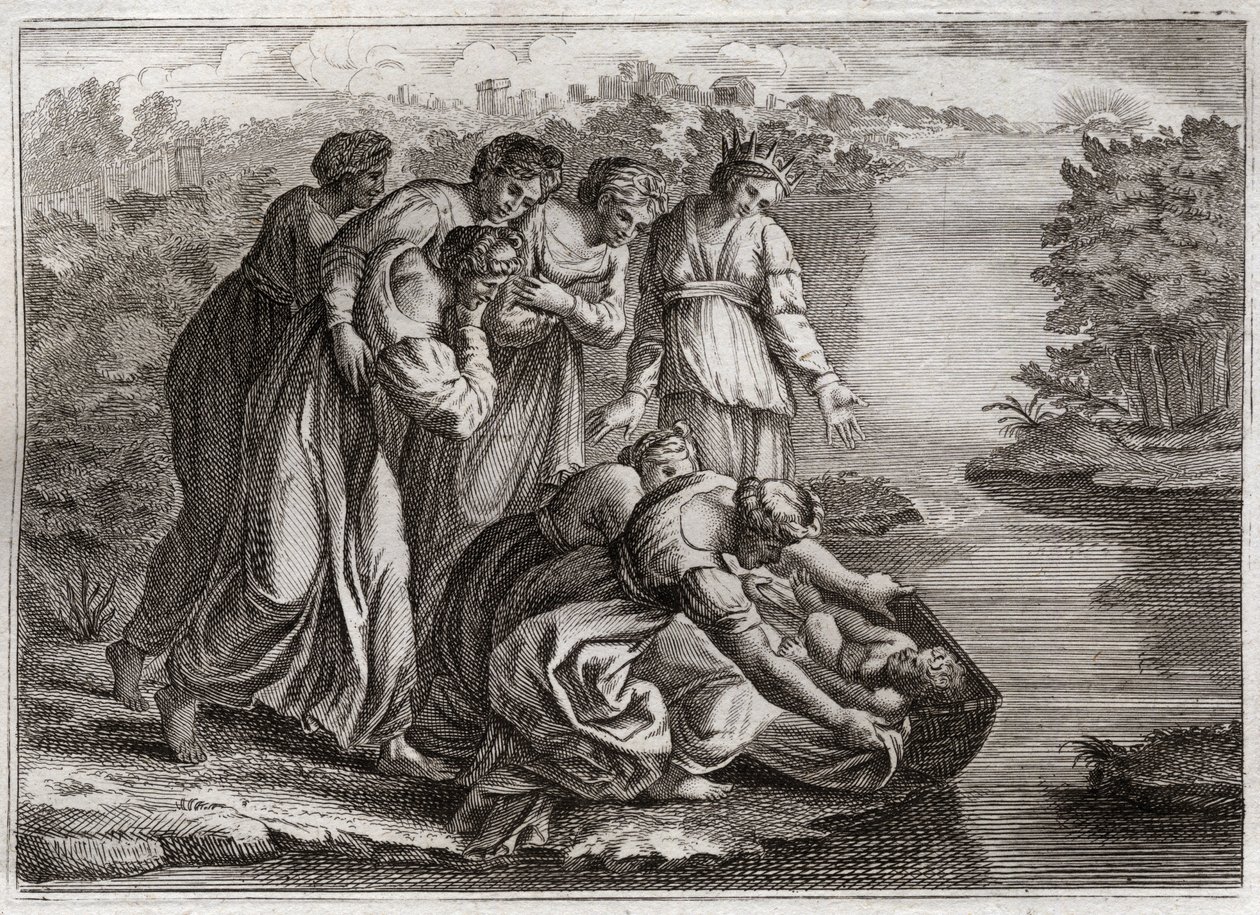 Biblia Royaumont, Stary Testament: Mojżesz ratuje wody. Córka faraona wycofała Mojżesza z wód Nilu i adoptowała go dla swojego syna. Ilustracja z 1811 roku. autorstwa Unknown artist