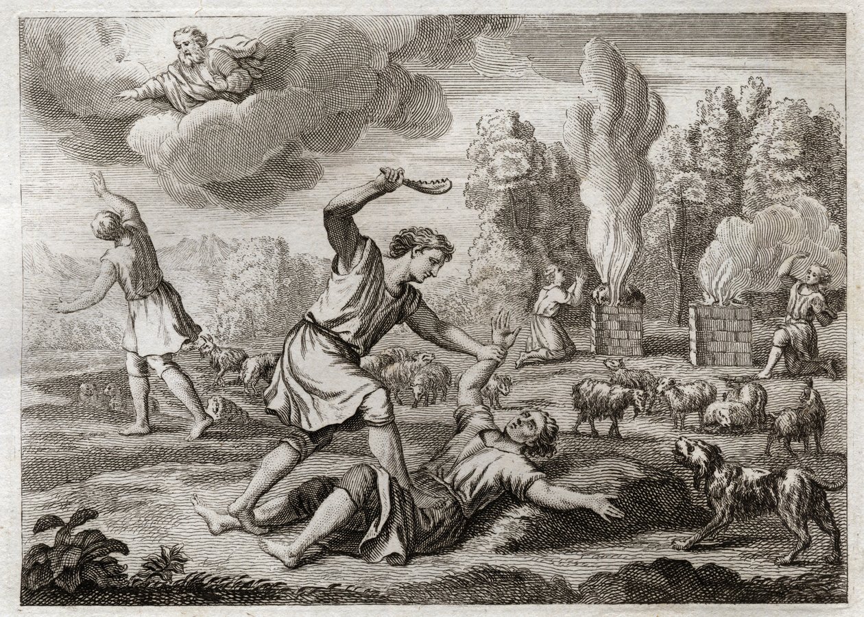 Biblia Royaumont, Stary Testament: Morderstwo Abla. Kain z zazdrością niesie swojego brata przeciwko Ablowi, wyprowadzając go na wieś, jak gdyby szedł, i zabijając go. Ilustracja z 1811 roku. autorstwa Unknown artist