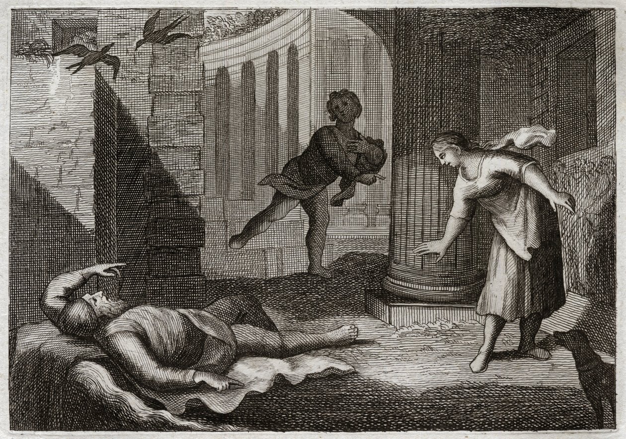 Biblia Royaumont, Stary Testament: Stary Tobie traci wzrok. Święty człowiek Tobie traci wzrok iz niezwykłą cierpliwością cierpi to zło. Ilustracja z 1811 roku. autorstwa Unknown artist