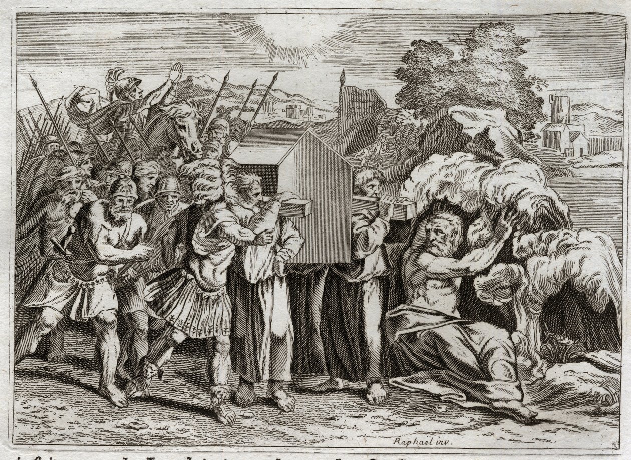 Biblia Royaumont, Stary Testament: Przejście Jordanu. Jozue przynosi Jordan wszystkim ludziom. Ta rzeka wysycha i weszli do niej kapłani, którzy nieśli Arkę Przymierza; a wody wzbiły się w górę i pozostały zawieszone jak góra. I autorstwa Unknown artist