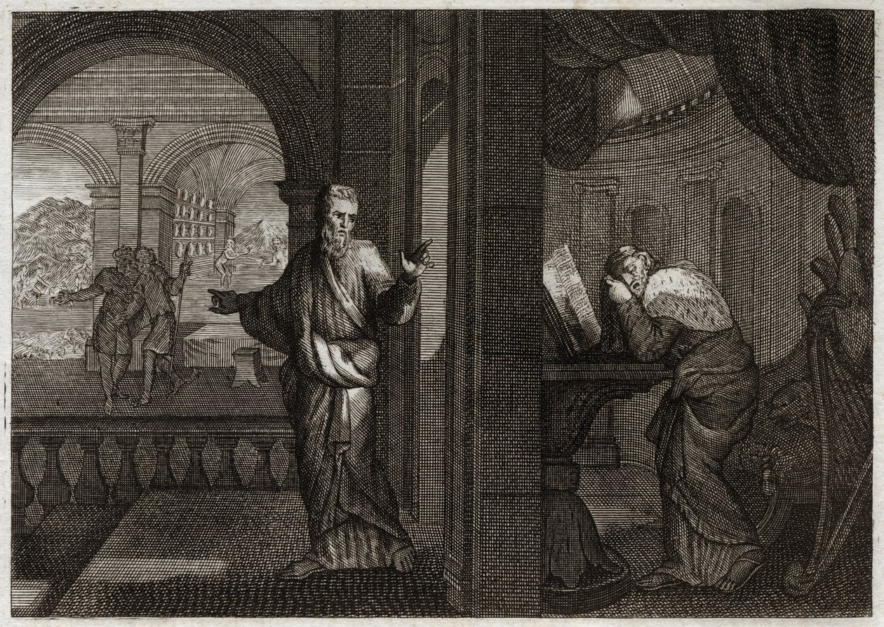 Biblia Royaumont, Stary Testament: Pokuta Dawida. Bóg wysyła swojego proroka Natana do Dawida, aby reprezentował jego winę. Żal, że ten święty Król z niej wyciągnął, sprawia, że akceptuje całe zło, które przewidział mu Prorok. Ilustracja z 1811 roku. autorstwa Unknown artist